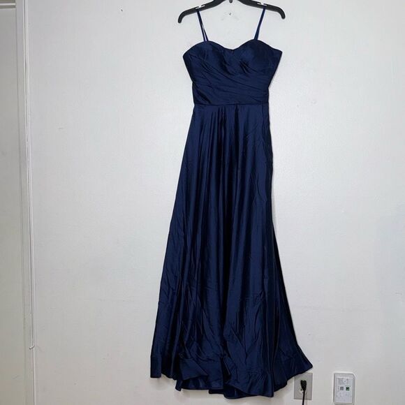 La Femme Womens Size 8 Navy Strapless Slit Satin Ballgown - Picture 6 of 12
